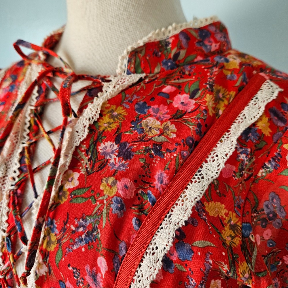 Vintage Candi Jones California Red Floral Prairie Maxi Dress Lace Up Boho 70s 5 - Picture 3 of 8